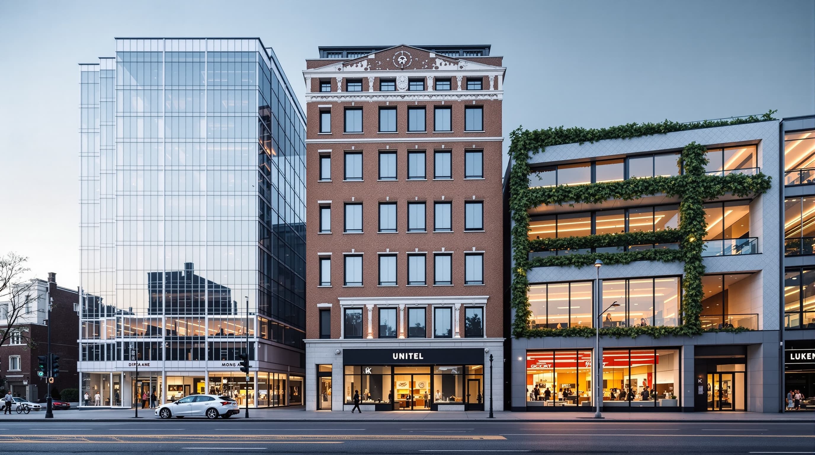 Diverse commercial building types side by side