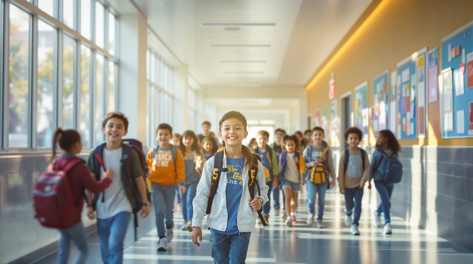 Students engaged in group learning in a bright, healthy modern classroom