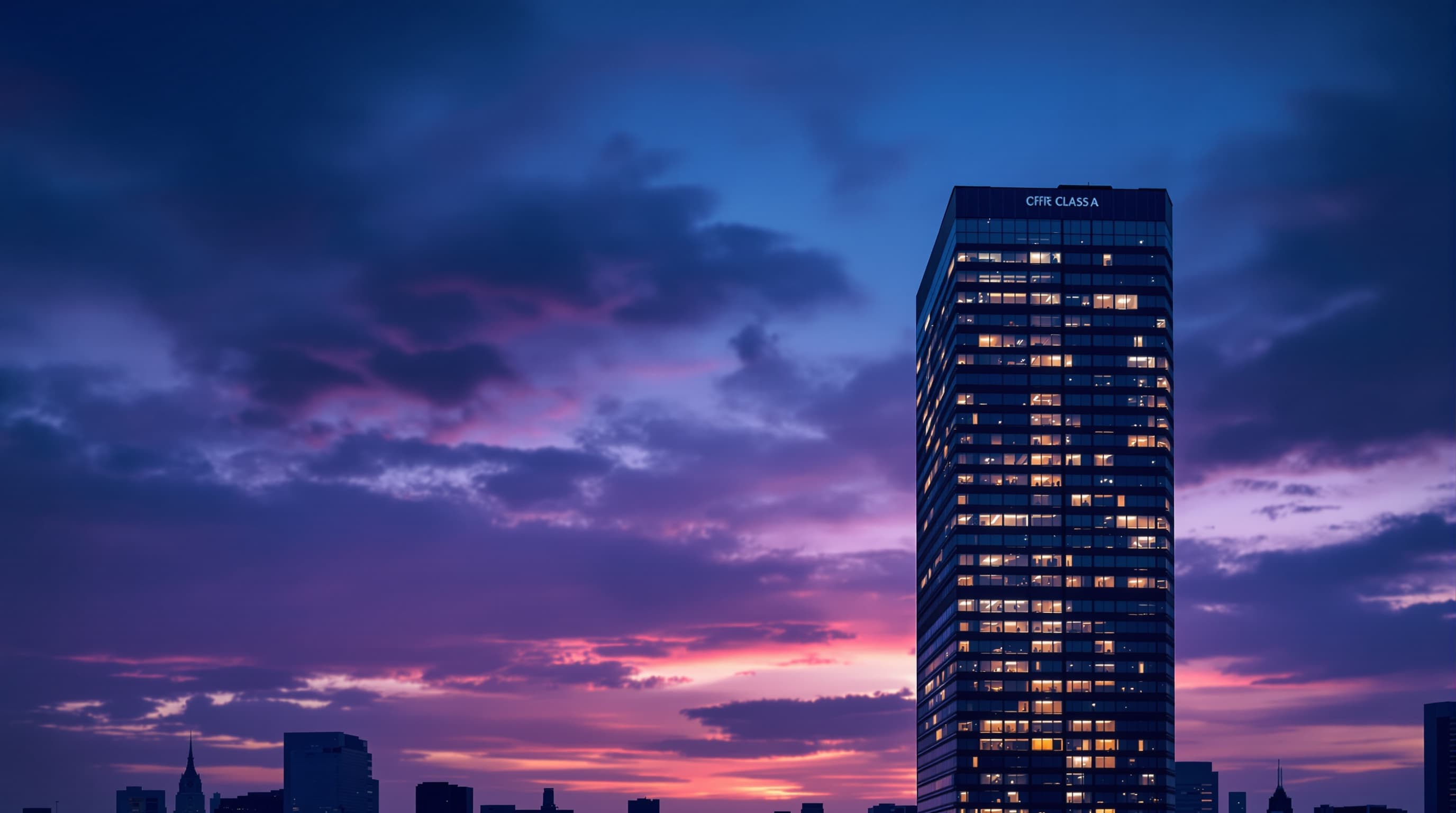 Class A office tower at dusk