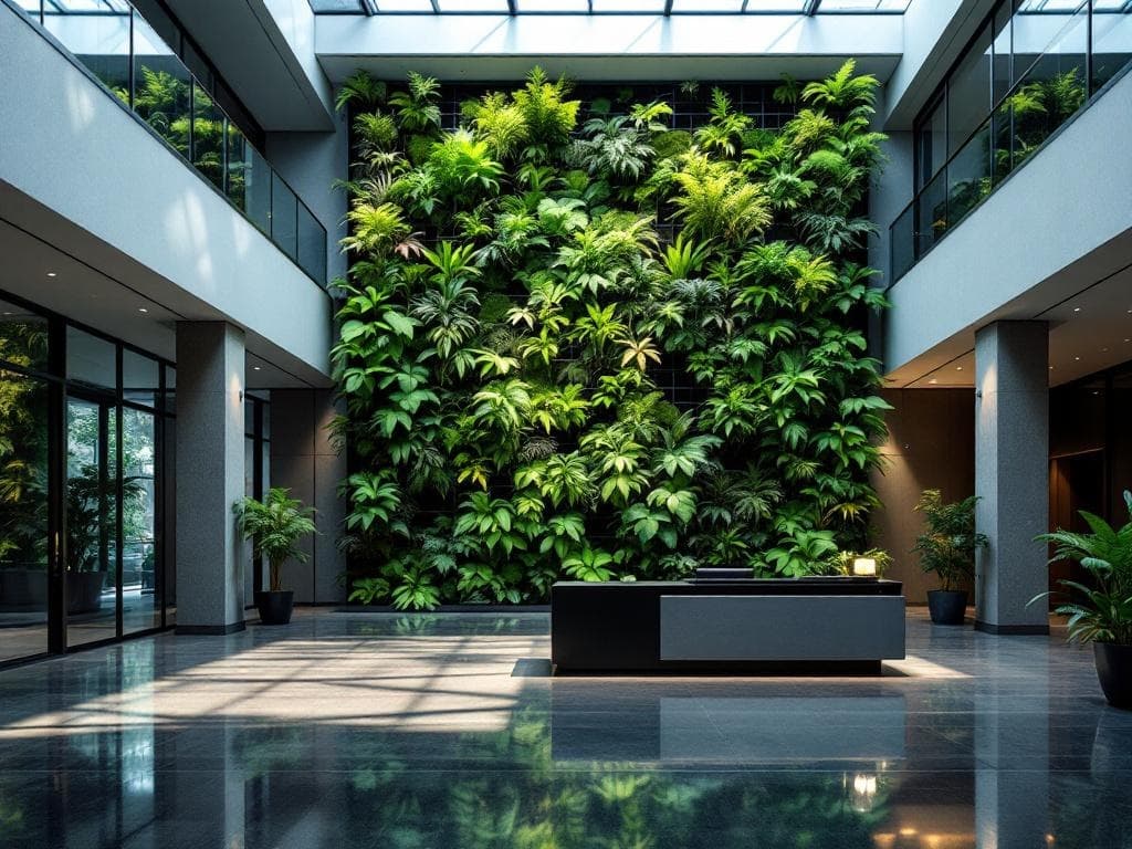 Green living wall in a Class A commercial office building lobby