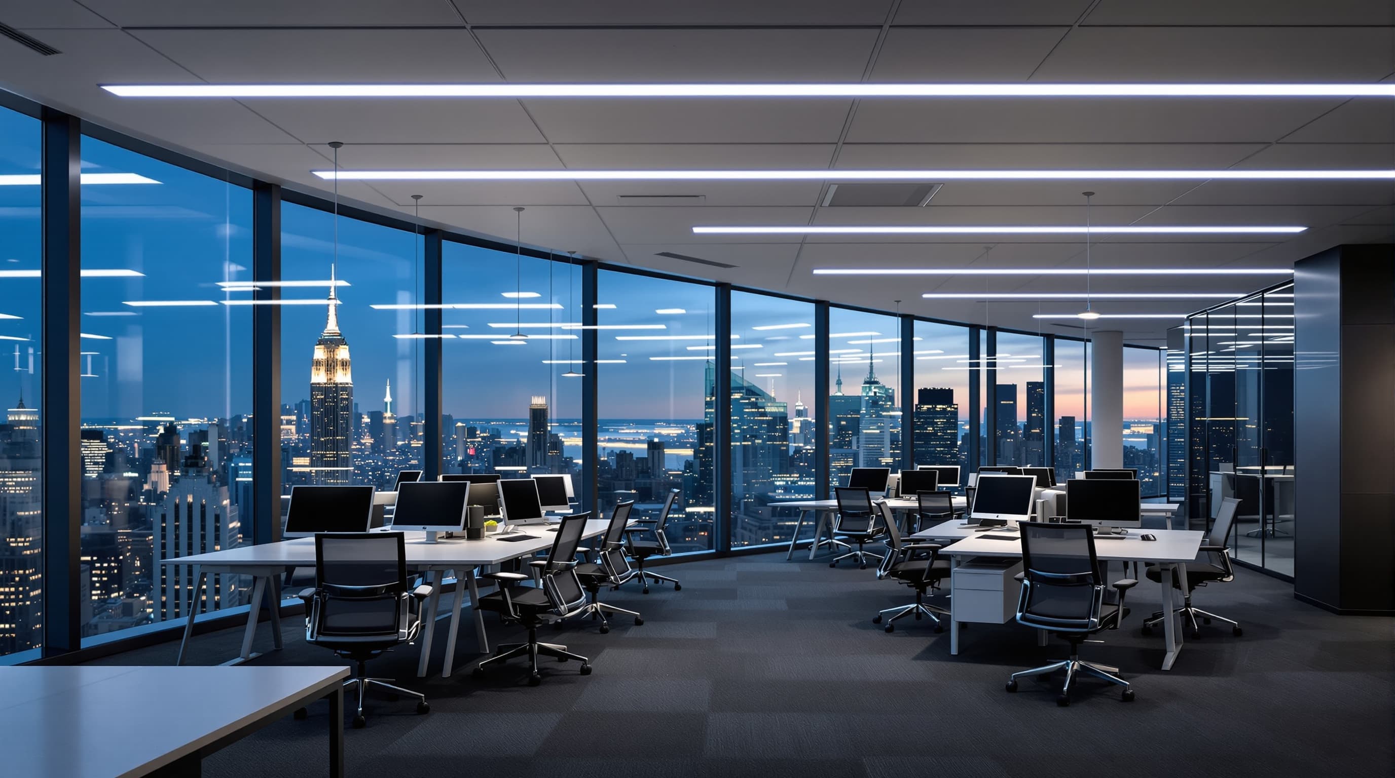 Large open-plan office floor in a Manhattan tower at dawn