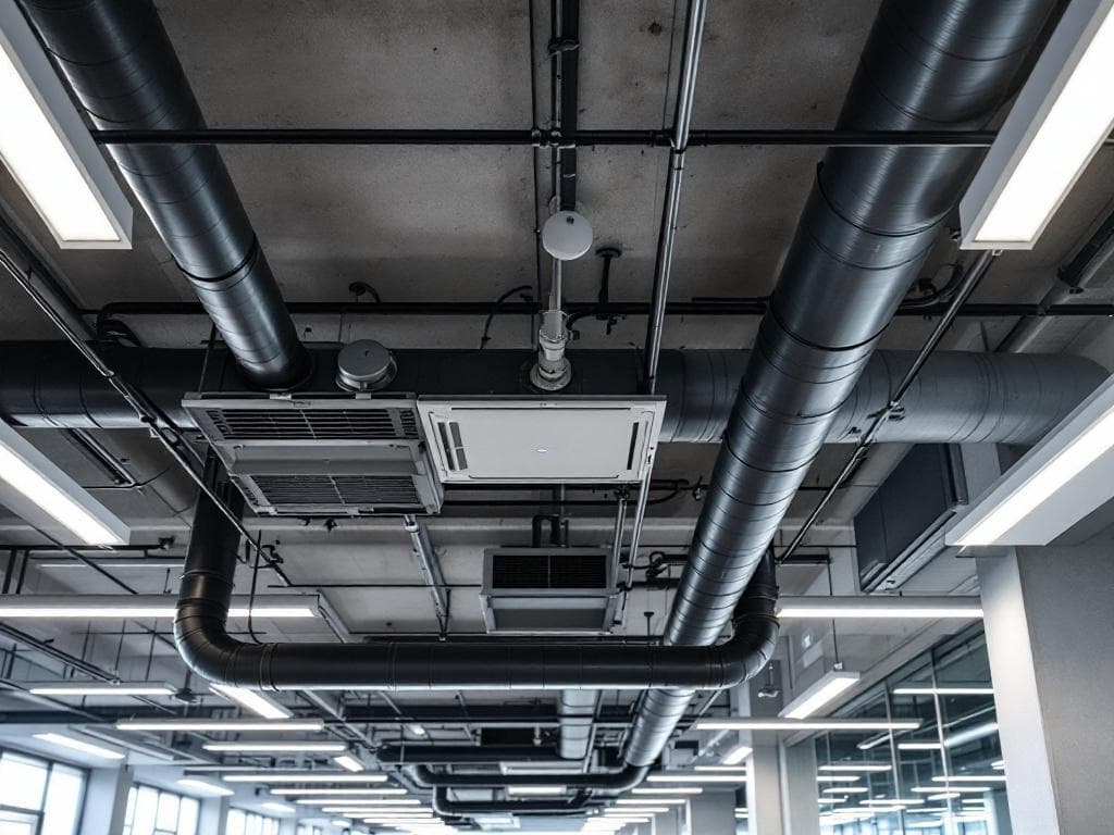 Modern office building ceiling with exposed HVAC ductwork and ventilation diffusers