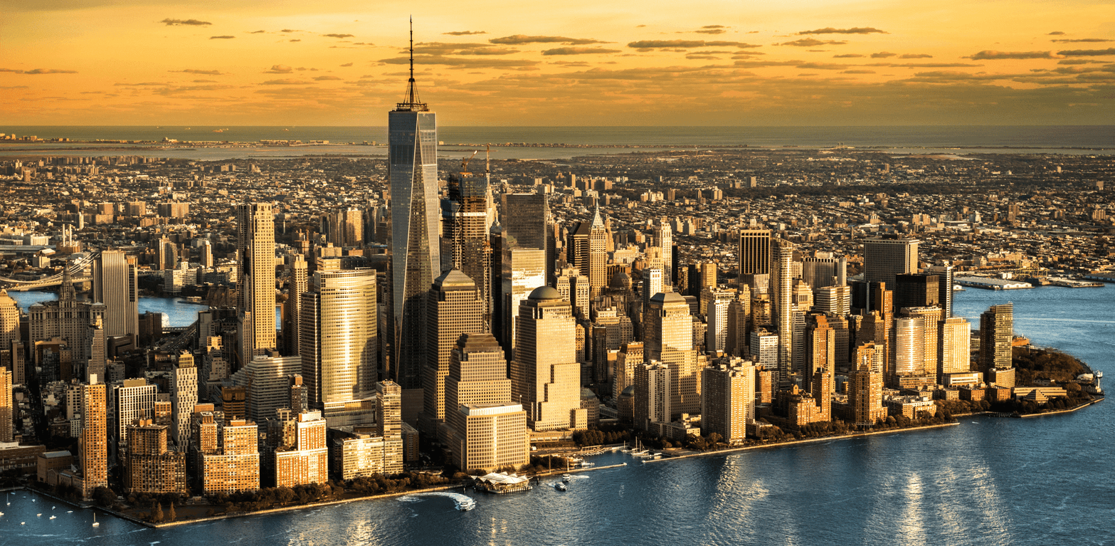 Aerial view of Manhattan skyline at golden hour